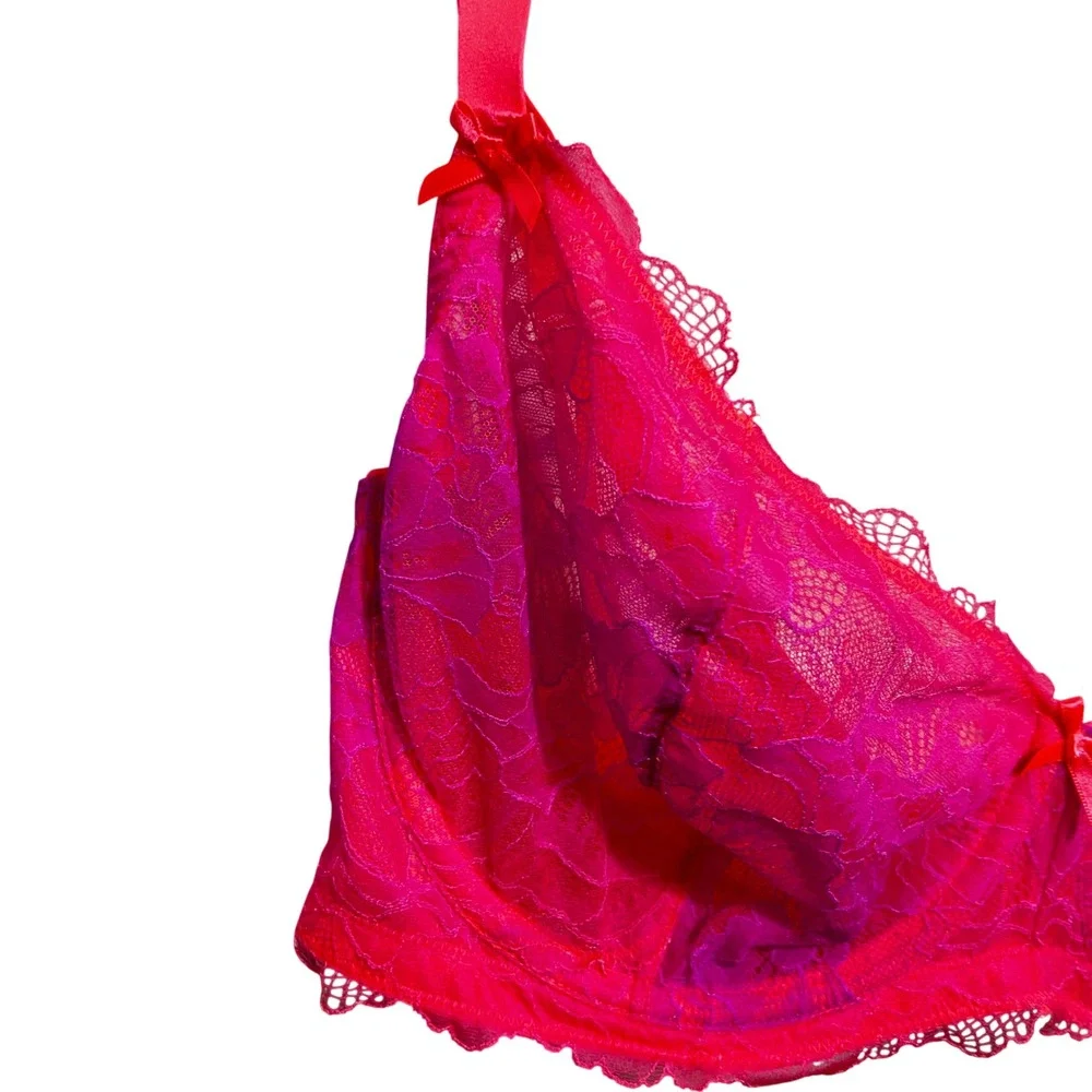 Cacique Unlined Balconette Bra 42DDD Neon Pink Lace Sheer Underwire Lingerie New